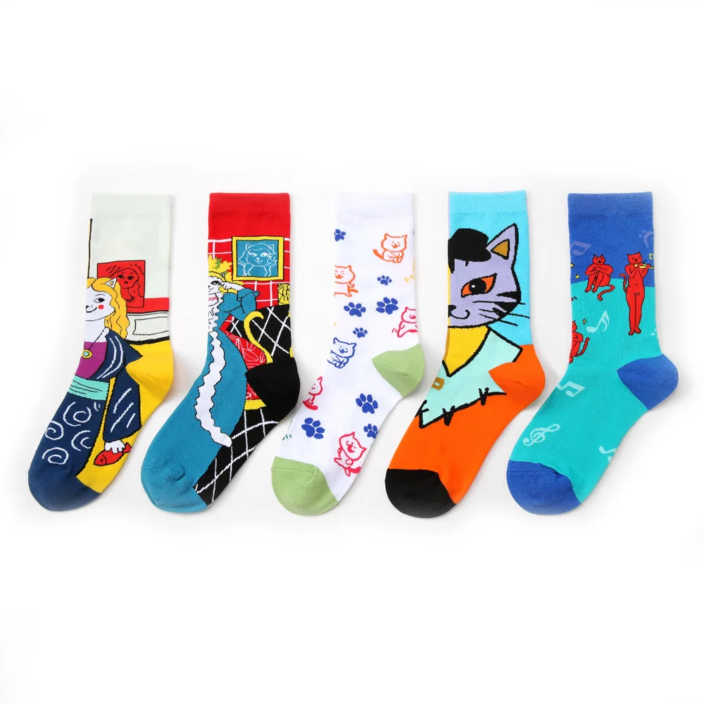 

Cartoon Animal Jacquard Socks Leisure Cotton Couple Sock for Women Street Skateboard Funny Art Cat Illustration Socks Q1620