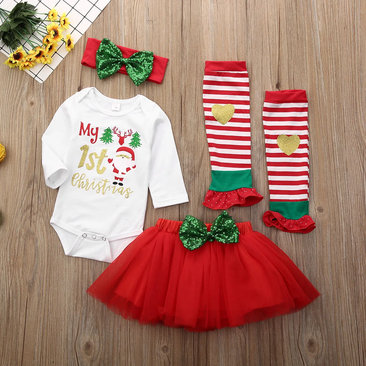Brand Infant Baby Girl My 1st Christmas Romper+Dot Tulle Dress+Headband Outfits Clothes 4Pcs Costume Party Clothing Set