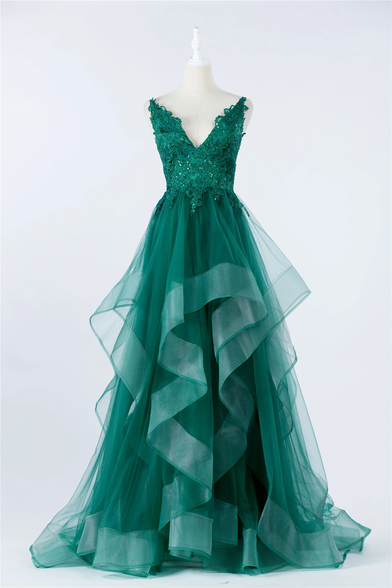

Dark green Long tulle Evening Dress 2020 v-neck sleeveless Bronzing Trailing luckgirls Customizable prom Dress mocini tailor