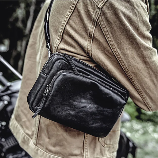 AETOO Head-layer leather small bag, trend cowhide slant bag, simple male leather hand bag black