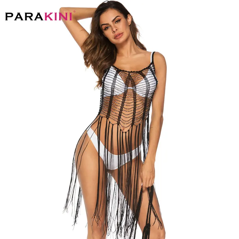 PARAKINI, черное, белое, блестящие стразы, бикини, накидка, мини-платье, длинное, с кисточками, накидка, сетка, полые, с низким вырезом на спине, Пляжное Платье