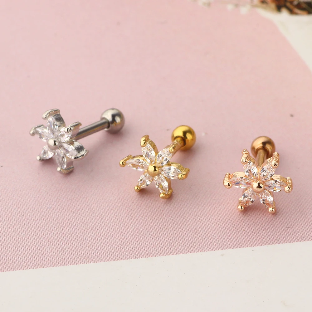 Flower Zircon Ear Piercing Tragus Daith Ear Jewelry Body Piercing Barbell Screw Wholesales Cartilage Earrings Stud Zircon