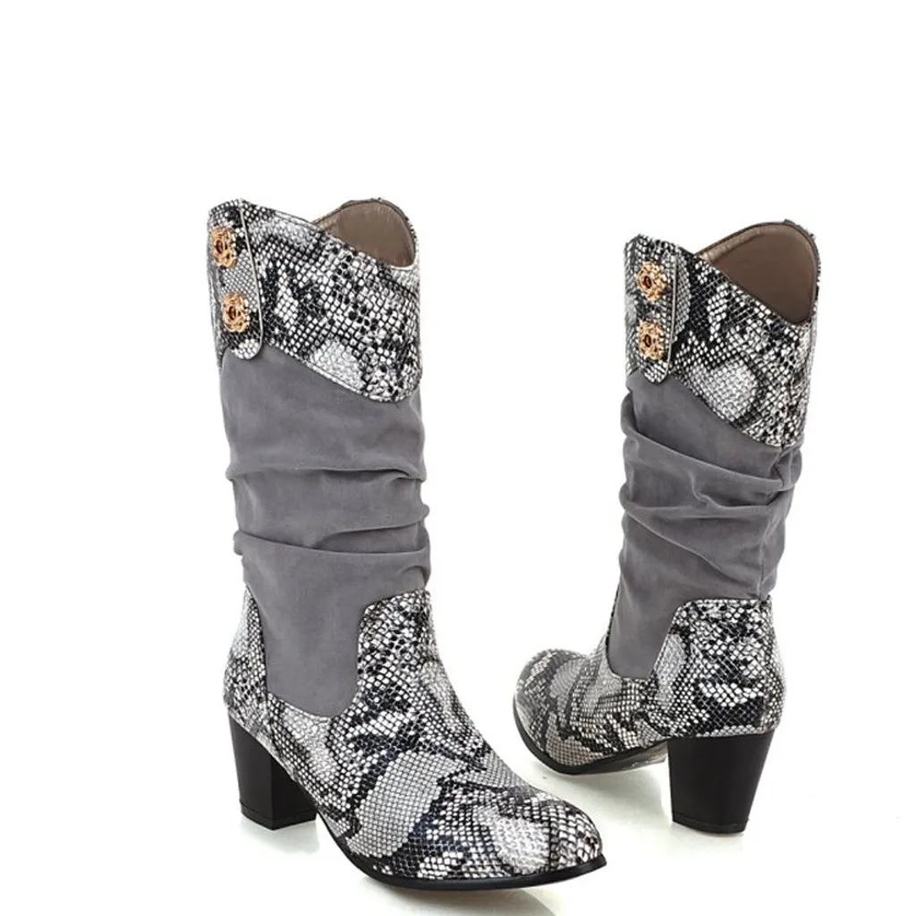 

JAYCOSIN High Heel Boots Women Winter And Autumn 2019 Autumn Stitching Snakeskin Pattern Thick With Long Boots Shoes High Heels