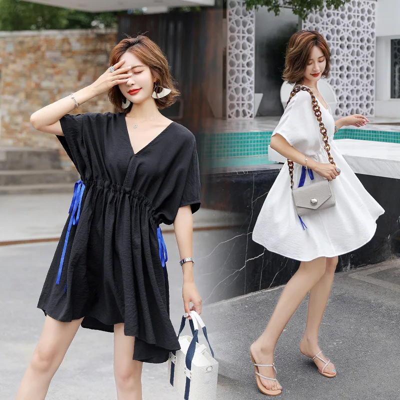 

V-neck Solid Color Commuting Dress One-Piece 2019 European Goods Popular Summer Short-sleeved Mid-length Slim Fit Slimming
