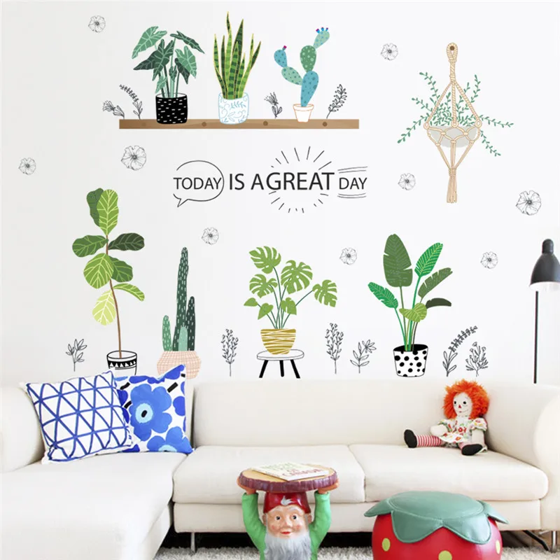 

Green Plant Cactus Flower Pot Wall Stickers For Office Bedroom Baseboard Home Decor Pastoral Mural Art Pvc Wall Decal