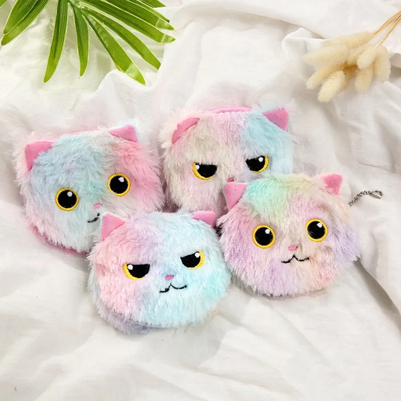 Женский кошелек, клатч на молнии, Короткие Кошельки для монет, разноцветный полосатый брелок "Котенок", плюшевый женский кошелек