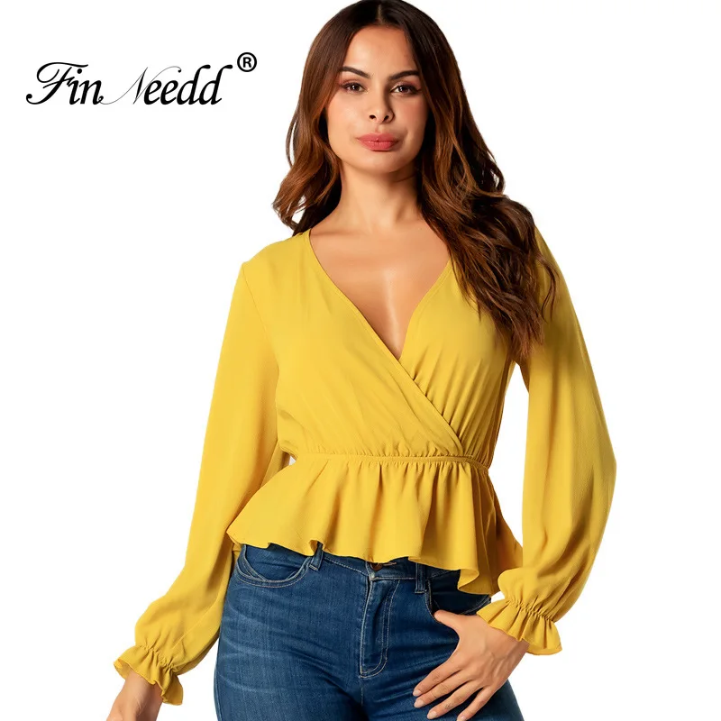 

2019 Fashion New Flare Sleeve Shirts for Women Full Sleeve V Neck Solid Ruffles Sexy tops Pleated Bodycon Female Autumn Tops
