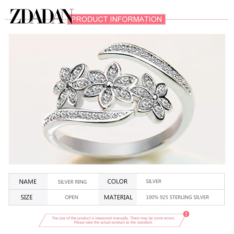 Silver Ring ZDADAN 925 Sterling Silver Adjustable Open CZ Flowers Ring for Women