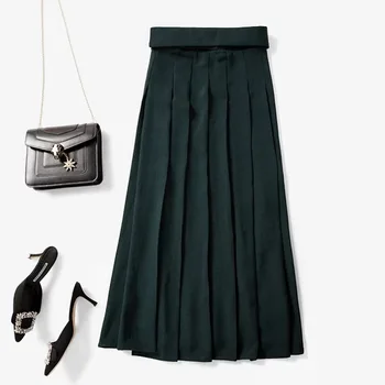 

Spring Autumn New Women's Pleated Midi Skirt Ldies Green Casual Long Skirts With Sashes