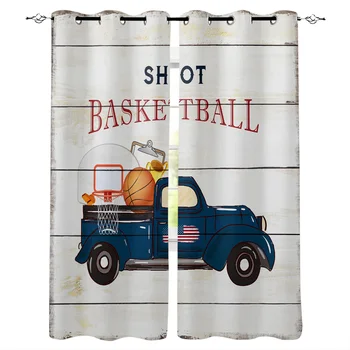 

Basketball Truck Vintage Wooden Board Window Curtains Home Decor Curtains for Living Room Bedroom Items Christmas Curtains