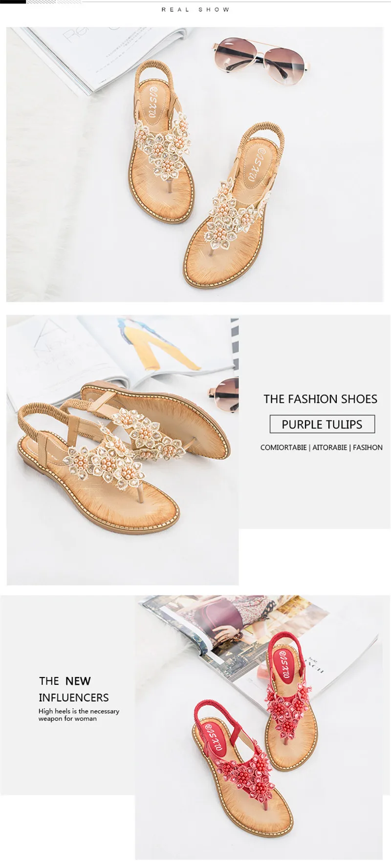 YAERNI Women Sandals New Fashion Bead Flower Round Toe Flip-flop Sandals Female Trend Summer Shoes Woman Plus Size 36-42