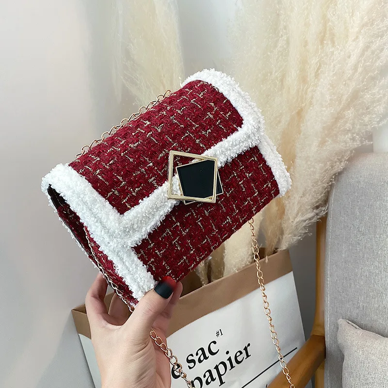 

Bag Women's 2019 New Style Korean-style Versatile Glorious Fashion Chain Woolen Cloth Black Quadrate Lock Online Celebrity Cross