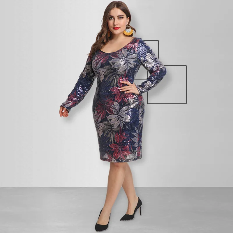 5XL 3XL размера плюс весенне-осеннее облегающее платье с длинным рукавом женское сексуальное вечернее Клубное платье с цветочным принтом и блестками большой размер