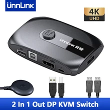 Unnlink conmutador DP KVM 4K 60Hz Displayport, conmutador con extensor, 2 ordenadores, compartir 4 puertos USB para Monitor, teclado de impresora