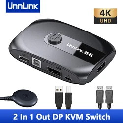 Unnlink – commutateur KVM DP 4K 60Hz Displayport avec extension, 2 ordinateurs partagent 4 Ports USB pour moniteur, imprimante, clavier 