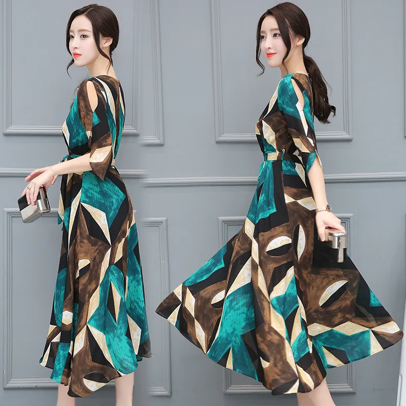 

Summer New Style Korean-style Fashion Large Size Slimming Waist Hugging Dress Women's Bohemian Sexy V-neck Beach Long Skirts