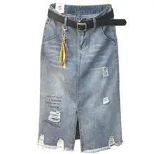 Джинсовая юбка размера плюс S-4XL, Весенняя Осенняя Модная Джинсовая юбка с завышенной талией и дырками