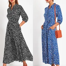 Lace-Up Dot Print 3/4 Sleeve With Pocket Boho Dress For Women Vestidos Fiesta Mujer Robe Mode Femme Sexy Bohemia Dresses