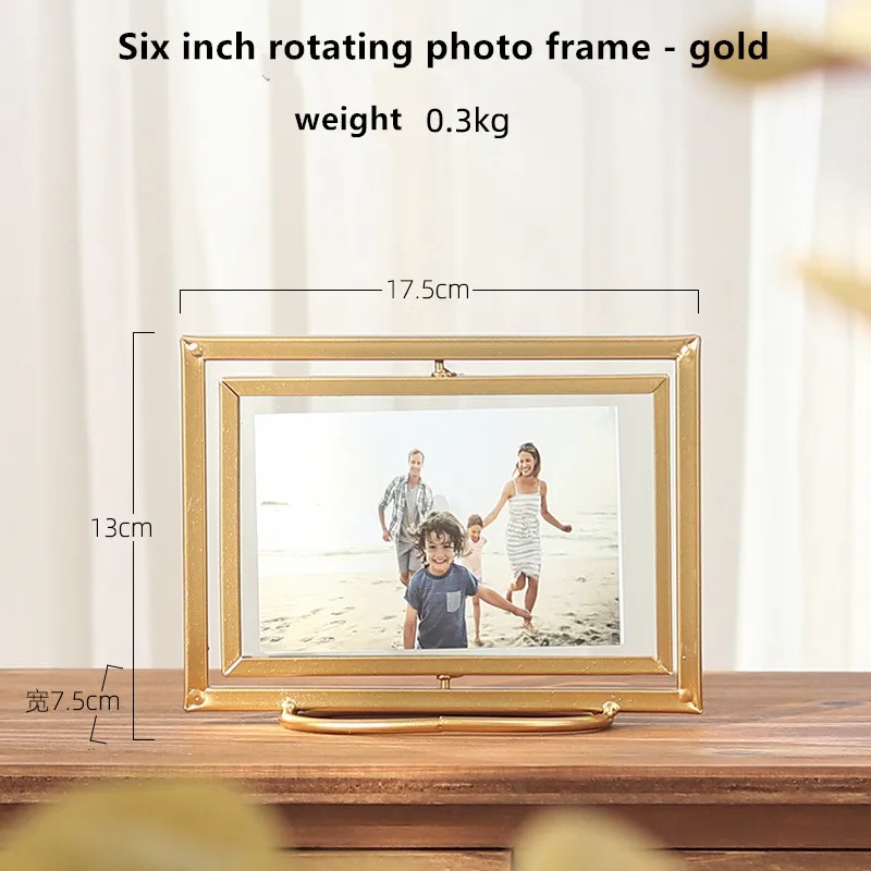 6 inch rotate golden Геометрическая металлическая Стеклянная фоторамка Складная Вращающаяся стерео стеклянная рамка для рабочего стола декоративная Персонализированная фотоальбом подарок - Цвет: 6 inch rotate golden
