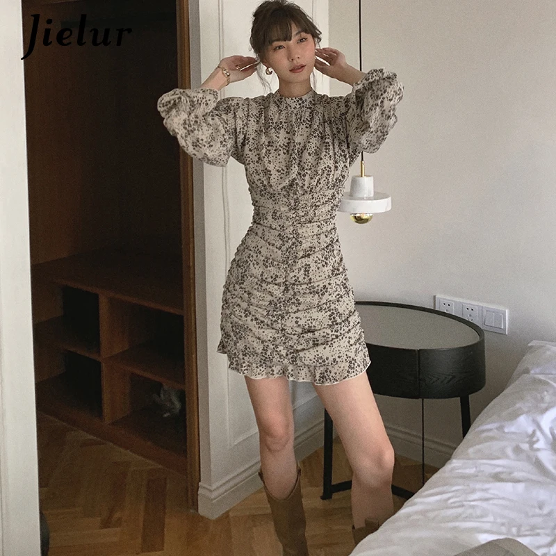 Jielur Retro Frauen Kleid Neue Floral Rollkragen Sexy Apricot Schwarz Kleid Frühling Elegante Dame Lange Ärmeln Mini Kleider Weibliche s-L
