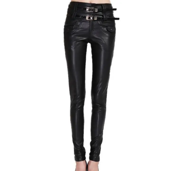 

Black fashion motorcycle faux leather pants womens feet pants pu trousers for women spring autumn personality