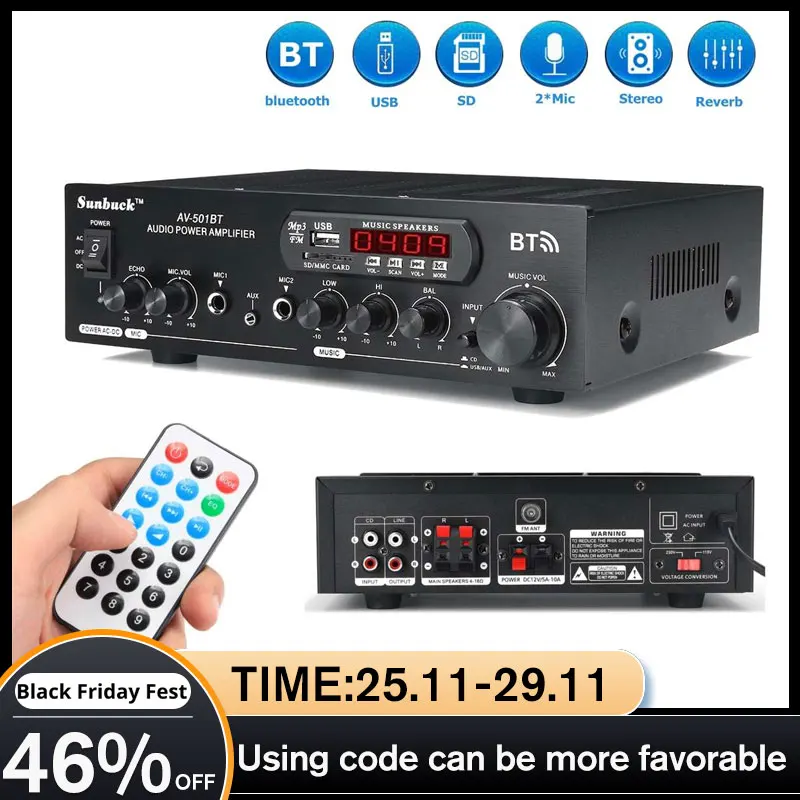 Hot Sale 2500W 220V Bluetooth 2.0 Channel Karaoke Mic Input Digital Reverb Home Stereo Power Amplifier Support USB SD FM AUX | Электроника