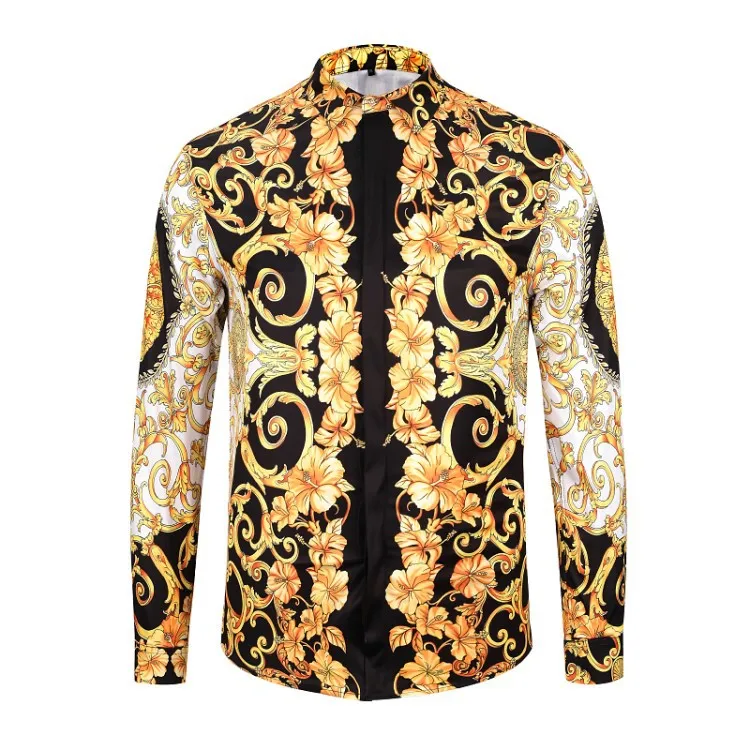 

Spring And Autumn Europe And America High-End Luxury Gold Flower Glyph Printed Men's Fold-down Collar Long-sleeved Shirt