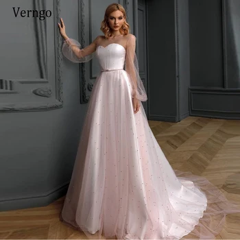 

Verngo 2021 Elegant Two Pieces Blush Pink Wedding Dress With Jacket Long Puff Sleeves Beads A Line Princess Bridal Gowns