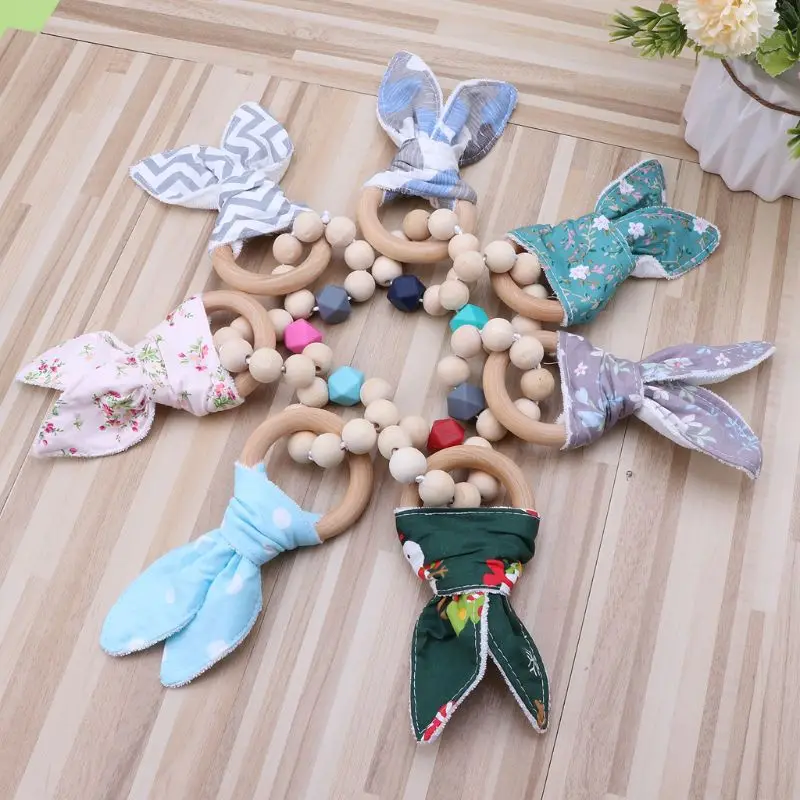 

Christmas Baby Boy Bunny Ear Teether Safe Organic Wood Teething Ring 7 Color Choice Shower Gifts