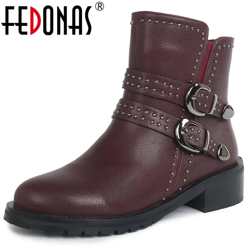 

FEDONAS Punk Big Size Night Club Shoes Woman Newest Warm Rivets Short Boots Metal Buckle Women Ankle Boots Female Chunky Heels