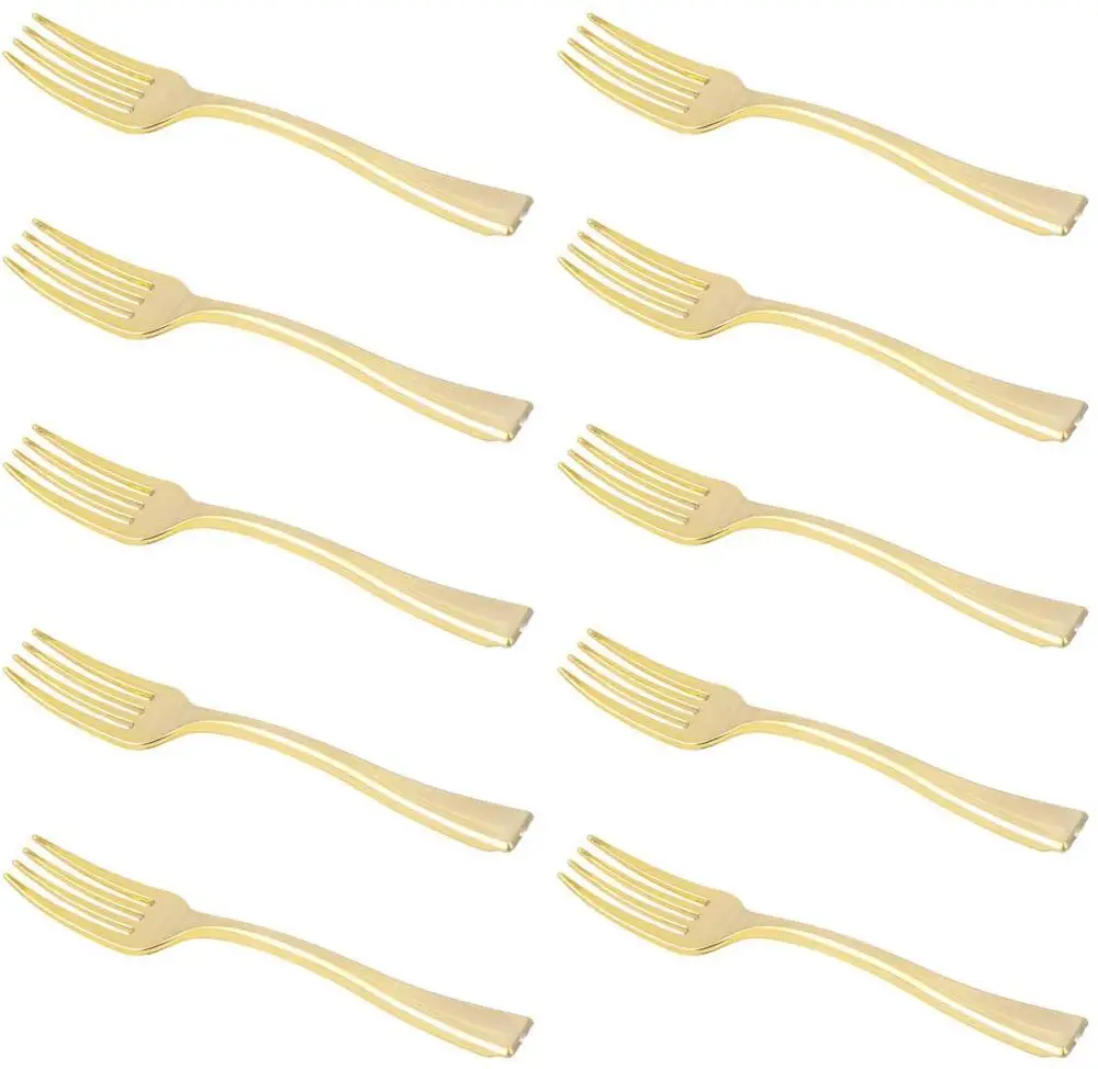 4 Inches Mini Gold Disposable Plastic Forks, Heavy Duty Fruit Dessert