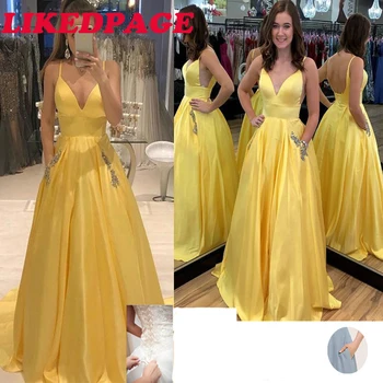 

LIKEDPAGE Simple Belt A Line Wedding Dresses 2020 Sexy Backless Wedding Bridal Gowns Sweep Train With pocket vestido de noiva