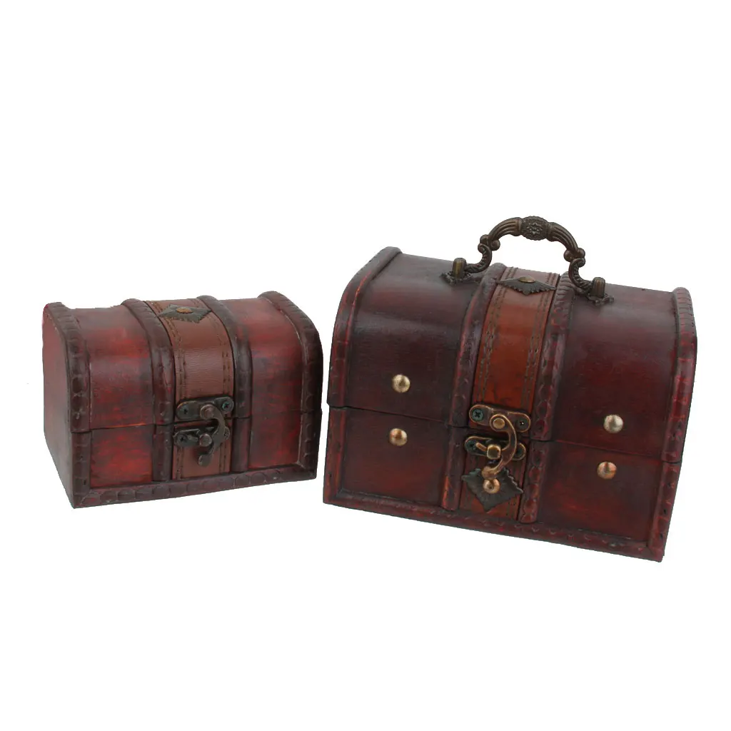2 Pcs Small Big Set Vintage Wooden Treasure Chest Necklace Bracelet Earrings Holder Storage Box Jewelry Packaging 
