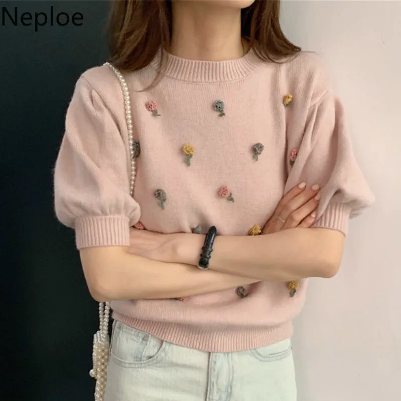 Neploe Chic O Neck Puff Short Sleeve Knit Pull Femme Solid Stereoscopic Flower Sweater Pullover Autumn Spring Loose Sueter 47787 | Женская