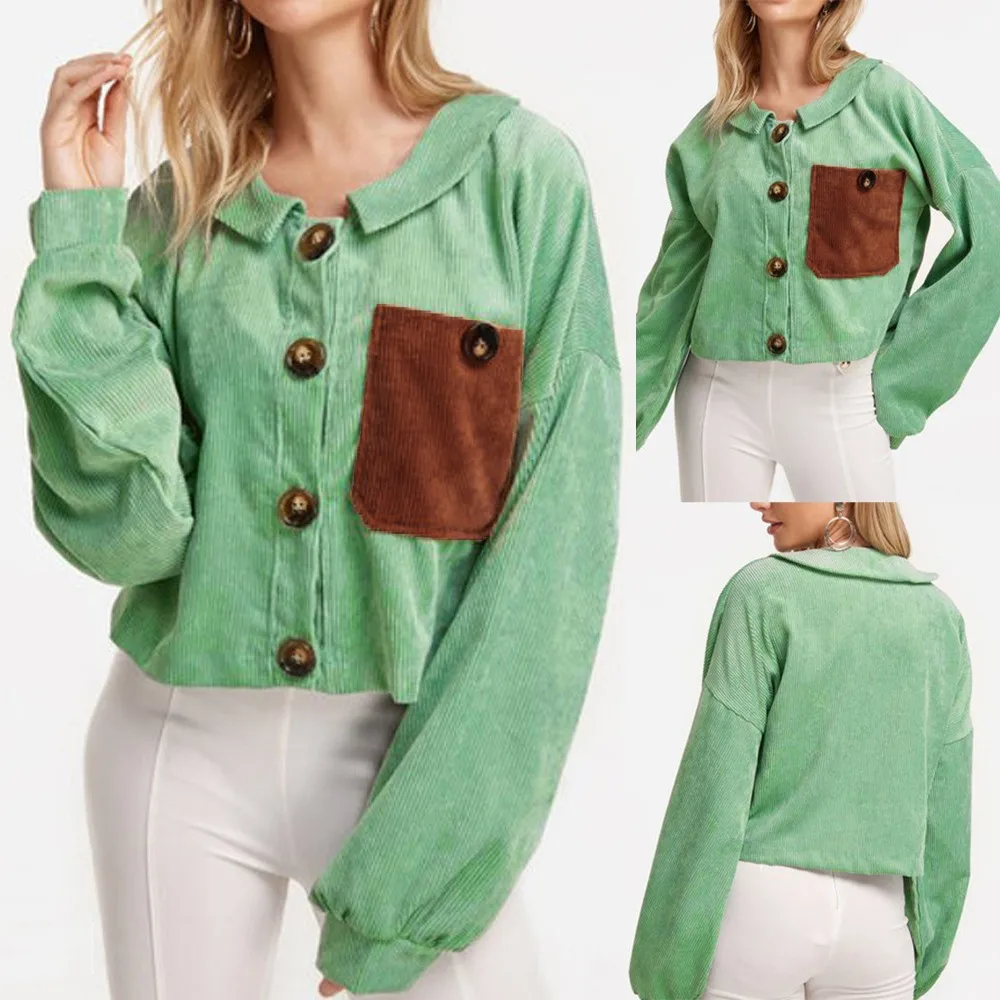 

Fashion Womens Long Sleeve Solid Brown Pocket Button Green flannel Jacket Blouse Tops Overcoat