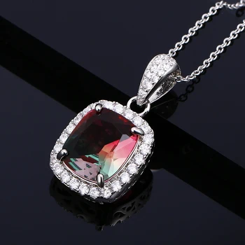 

Rainbow Gemstone Necklace Rectangular 12 * 14MM Color Tourmaline Zircon S925 Silver Pendant Necklace Party Anniversary