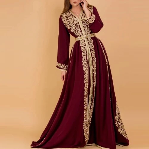 

Burgundy Moroccan Kaftan Caftan Muslim Evening Dresses A-line V-neck Long Sleeve Applique Dubai Arabic Turkey Abaya Islamic Gown