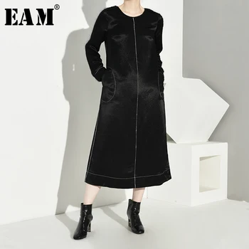 

[EAM] 2020 New Spring Autumn Round Neck Long Sleeve Black Loose Line Split Joint Pocket Loose Dress Women Fashion Tide JO605