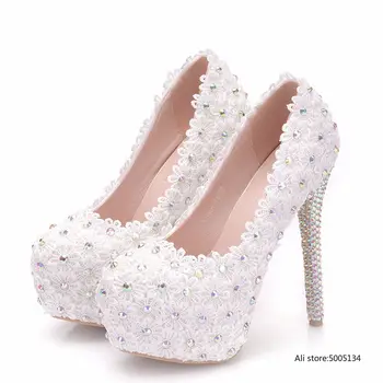 

Women Lace Crystal Wedding Shoes Bridal Platform High Heels Sexy Pumps Woman Thin Heels Flower Shoes White Valentine Stilettos