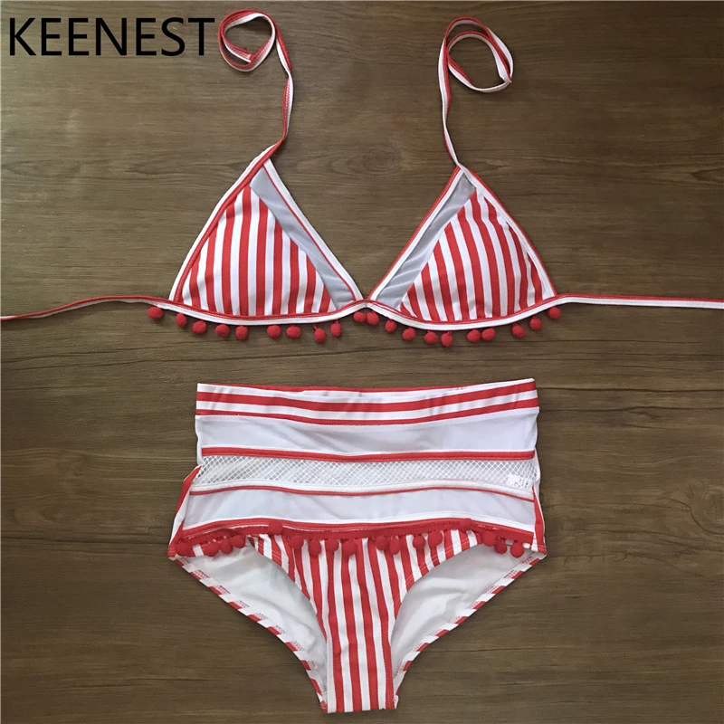 

KEENEST Swimming Suit Two Pieces Crochet Lace High Waist V Neck Bikini Set Swimsuit Halter Female Biquin