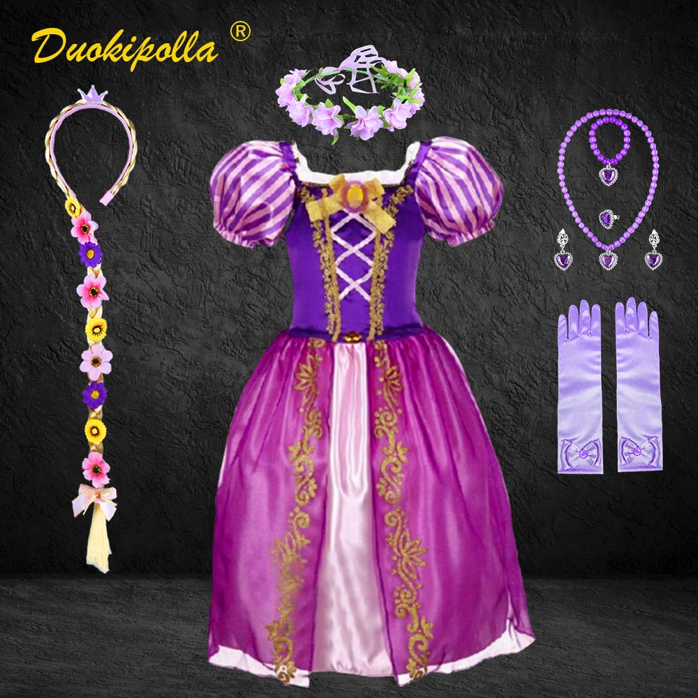 

Summer Girls Rapunzel Dress Tangled Halloween Princess Costume Carnival Party Purple Puff Sleeve Lush Sofia Dress Up Fairy Wig