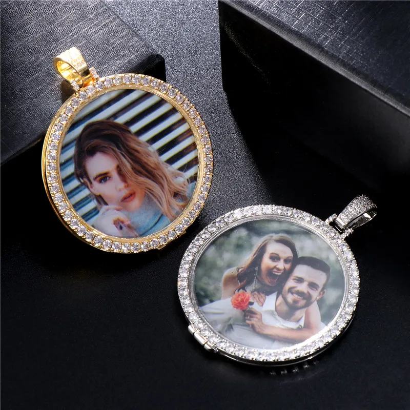 

Photo Custom Necklace Luxury Round Zircon Rhinestone Pendant Trendy Hip Hop Personality Memory Couple Relatives Gift Jewelry