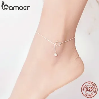 bamoer Foot Jewelry Anklet Simple Bell And Cat Bracelet for Ankle Real Solid 925 Sterling Silver Anklets For Women SCT003