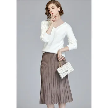 

autumn winter Womens Skirt Set knitted Vintage Long Sleeve Knitted Skirt Set Female Sweater Skirt Pleated Two Piece Set