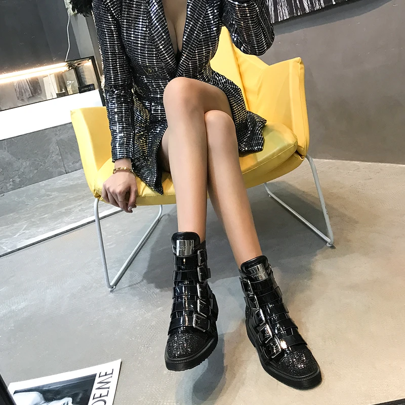 Women Winter Ankle Boots Motorcycle Zipper Black Cool Patent Leather Ladies Shoes Woman Luxury Brand Designer Scarpe Donna