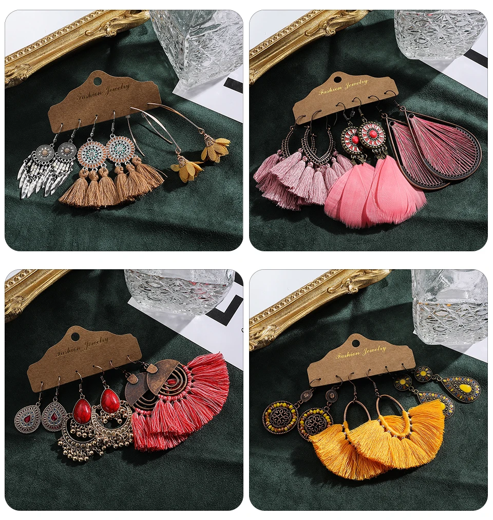 Ethnic Sundry Color Feather Tassel Earrings Sets Bundles for Women 2020 Boho Vintage Metal Water Drop Earring Jewelry Gifts Accessories Wholesale Dropshipping (246)