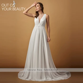 

Wedding Dress 2020 New Sleeveless White Satin Atmosphere See-through Sexy O-neck And Back Drape 50cm Tail Decorated Waist
