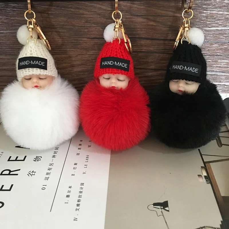 

Fashion Sleeping Baby Doll Keychain Flower Pompom Rabbit Fur Ball Key Chain Fluffy Car Keyring Bag Key Ring Women Keyring