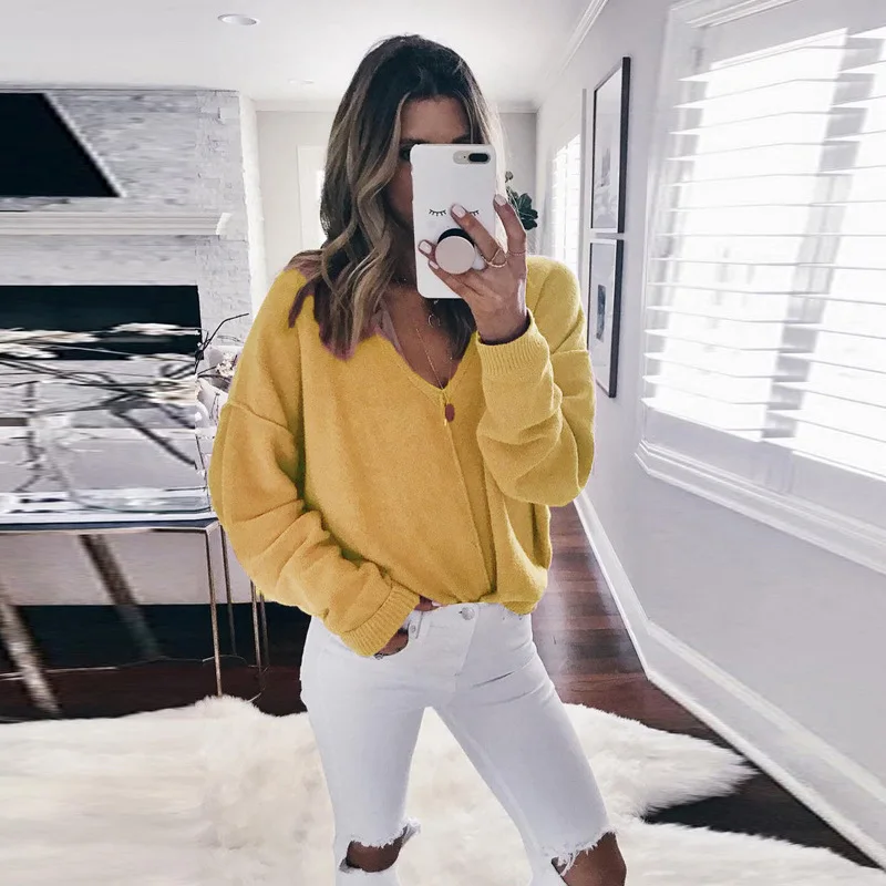 

Casual Sexy V Neck Women Pullover Sweater Solid Long Sleeve Loose Knitted Women Sweaters 2020 Autumn Winter