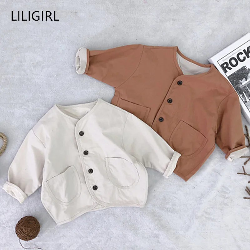 LILIGIRL/хлопковые куртки для маленьких девочек и мальчиков осенне-зимнее детское однотонное пальто верхняя одежда детская повседневная верхняя одежда